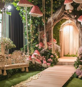 A whimsical forest-themed photobooth with enchanting decor like swings, doorways, and mushroom gardens, offering unforgettable moments and cherished wedding memories.