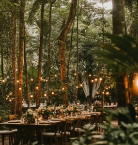 A serene forest setting with tall trees and lush greenery, creating a romantic and intimate atmosphere for a wedding reception.
