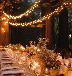 A romantic outdoor forest wedding reception under twinkling lights with a scenic woodland backdrop, capturing the timeless beauty of love in nature.