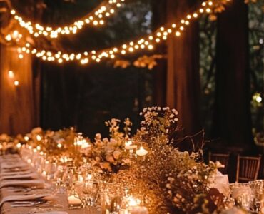 A romantic outdoor forest wedding reception under twinkling lights with a scenic woodland backdrop, capturing the timeless beauty of love in nature.