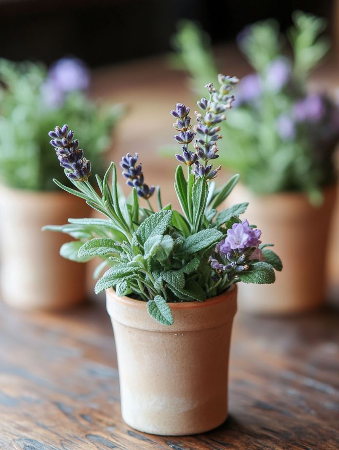 Miniature planters filled with fragrant herbs like lavender, rosemary, and mint, paired with small blooms for a sustainable and eco-friendly spring wedding centerpiece.
