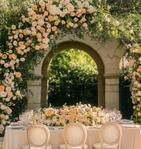 A picturesque garden wedding setup with pastel-colored floral arrangements, elegant table settings, and lush greenery. A romantic outdoor ceremony under a floral arch.