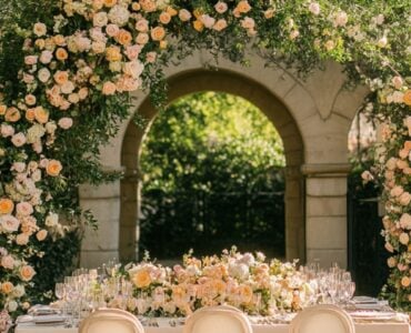 A picturesque garden wedding setup with pastel-colored floral arrangements, elegant table settings, and lush greenery. A romantic outdoor ceremony under a floral arch.