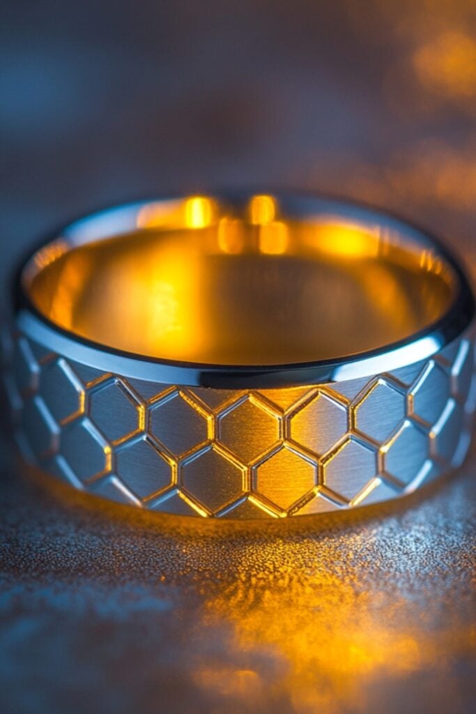 Silver wedding band with geometric hexagon patterns resting on a textured background, illuminated by soft lighting.