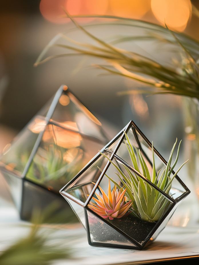 Geometric glass terrariums with air plants, creating a minimalist, modern centerpiece with a boho twist, perfect for contemporary weddings.