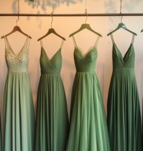 A display of green bridesmaid dresses in various shades, symbolizing versatility and elegance for weddings in every season and style.