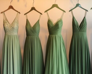 A display of green bridesmaid dresses in various shades, symbolizing versatility and elegance for weddings in every season and style.