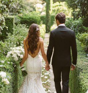 Bride and groom walking hand in hand down a garden aisle lined with greenery, symbolizing a timeless and elegant green wedding color palette.