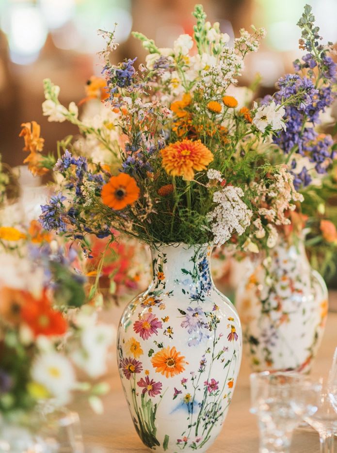 Hand-painted floral vases filled with wildflower bouquets, creating a unique and artistic centerpiece with bohemian charm for a wedding table.