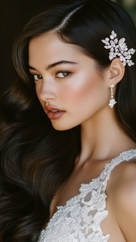 A bride with long, glossy waves cascading down one side of her face, showcasing a glamorous, vintage-inspired look. A jeweled hairpin adds sparkle to the polished hairstyle.