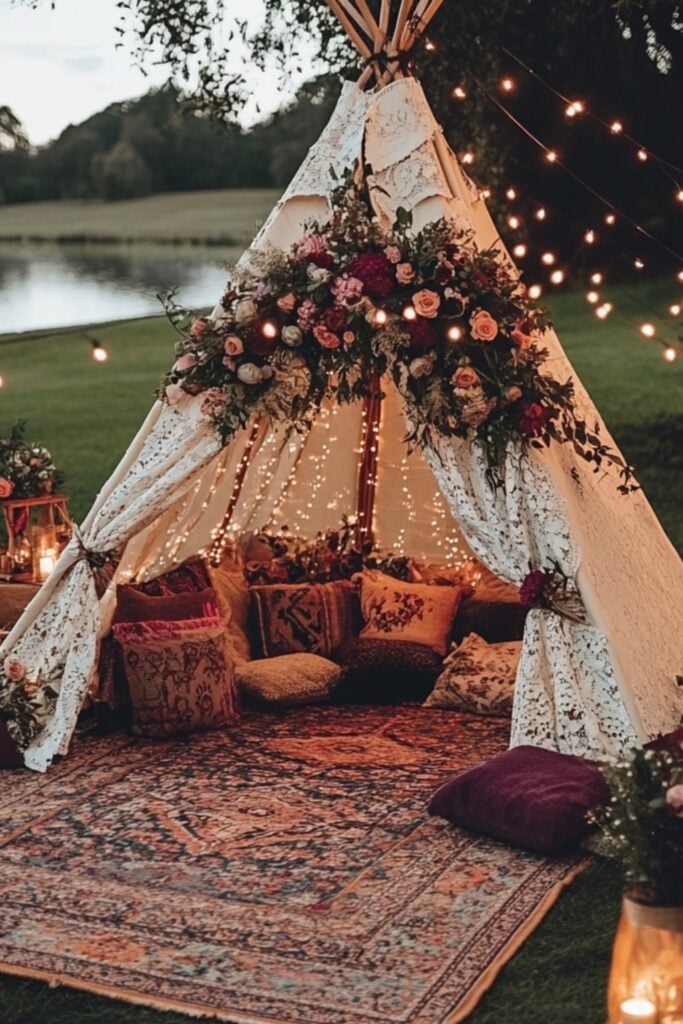 A romantic lace teepee decorated with fairy lights and floral arrangements, surrounded by cushions and vintage rugs at a boho wedding.