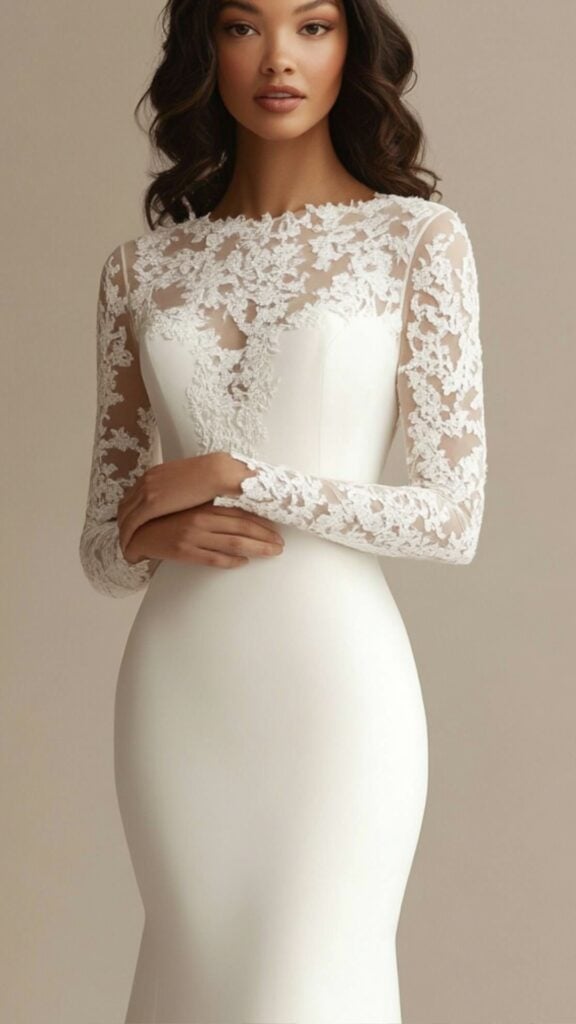 A long-sleeve sheath wedding dress made of lace and crepe, showcasing intricate sleeve detailing and a sleek fit for a formal wedding look.