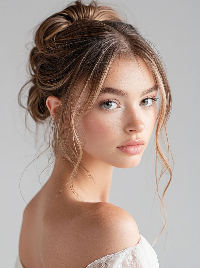 Bridesmaid with a loose top knot, complemented by flowing waves that frame the face for a fun, youthful, and modern updo.