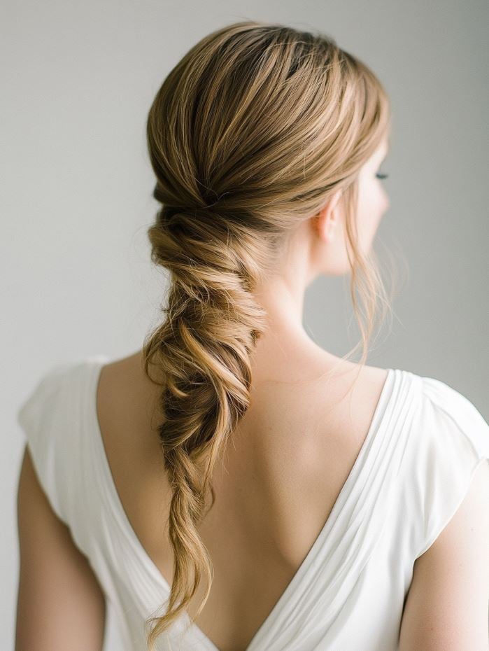 Bridesmaid with a relaxed, loose twisted low ponytail, featuring soft, natural waves and a refined yet casual appearance.