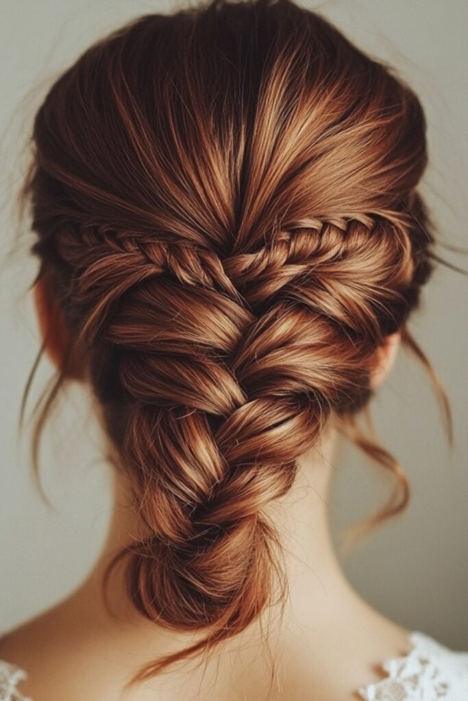 Photo of a low fishtail braid styled into a bun at the nape of the neck, creating a textured and intricate look with loose strands for a bohemian touch.