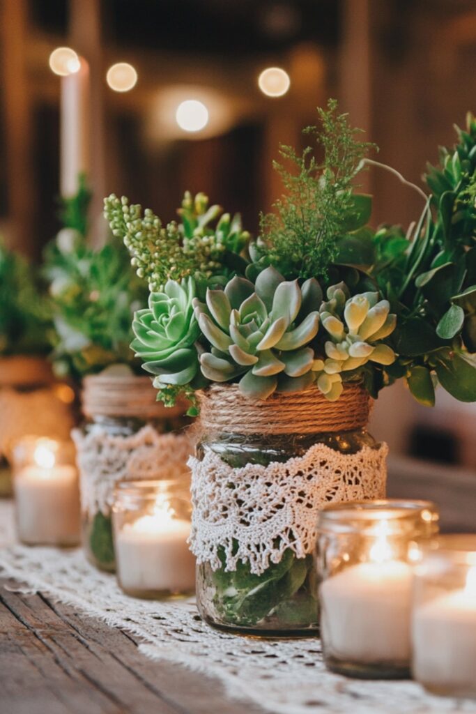 Mason jars wrapped in hand-knotted macramé, filled with succulents and greenery, displayed on a rustic wood table with tealight candles and lace accents.