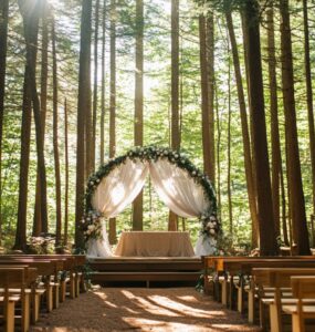 A serene forest setting with towering trees and sunlight filtering through the canopy, symbolizing the tranquil and magical atmosphere of a forest wedding ceremony.