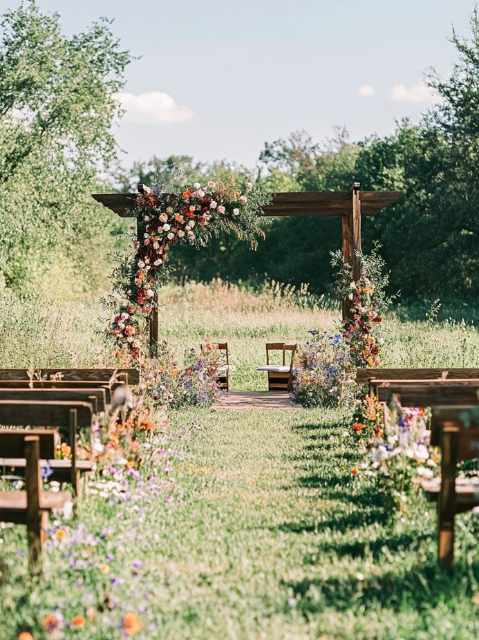 Outdoor meadow wedding with wildflowers, wooden arch, and picnic-style seating under the open sky.