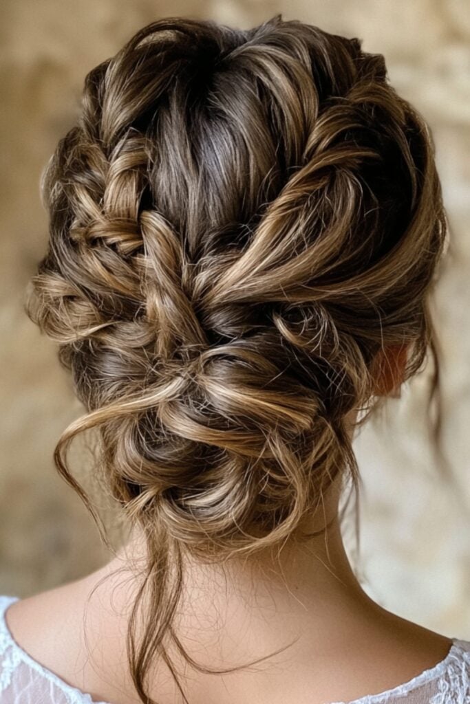 Photo of a bridesmaid with a tousled messy bun, two small braids weaving into the updo, and soft curls framing the face for a romantic, boho vibe.