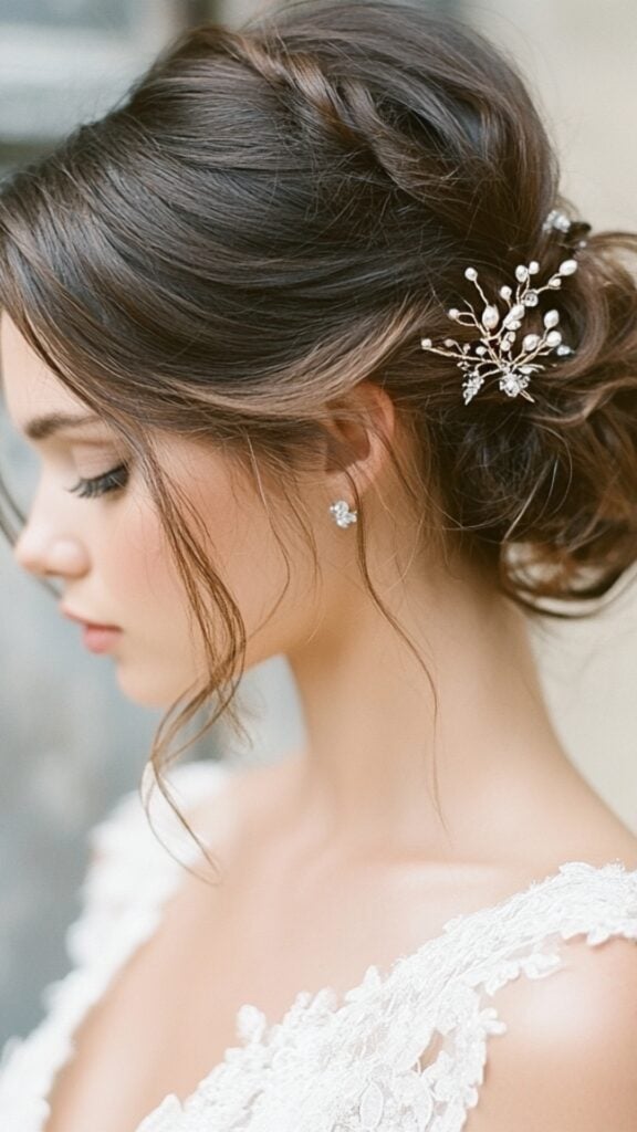 A bride’s hair styled in a loose, messy chignon with soft, face-framing tendrils. A sparkling hairpin accents the updo, perfect for a rustic wedding vibe.
