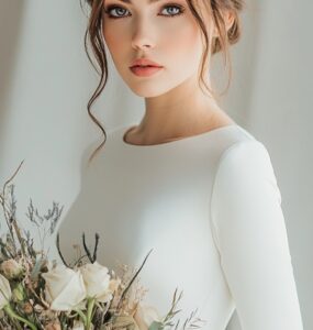 Bride in a stylish midi wedding dress, demonstrating versatile silhouettes and timeless elegance, perfect for creating a memorable and unique bridal look.