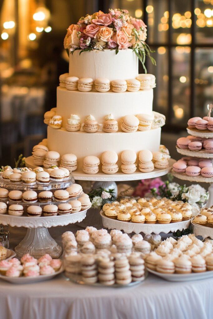 A variety of bite-sized desserts, including macarons and tartlets, elegantly arranged on tiered stands beside the wedding cake.