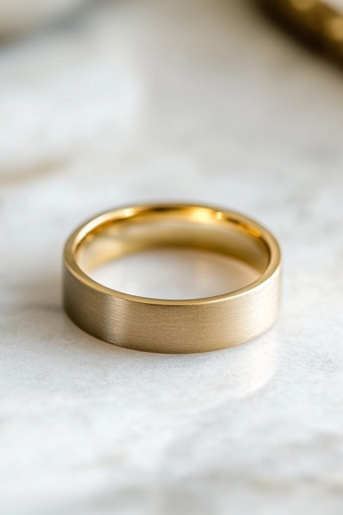 Close-up of a sleek minimalist gold wedding band with a brushed finish, placed on a marble surface.
