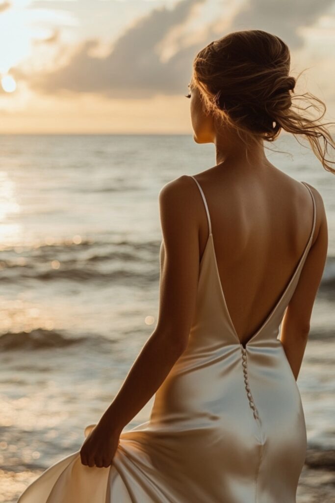 A bride wearing a sleek satin slip dress with thin straps and an open back, standing by the ocean at sunset, with the breeze gently catching the fabric.