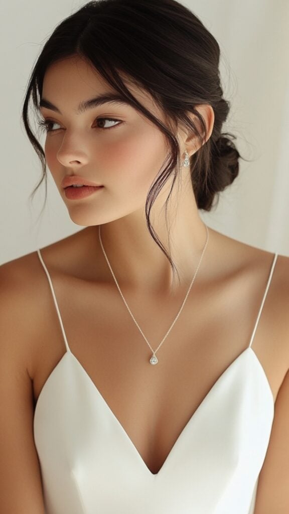 Minimalist slip midi wedding dress with clean lines, a V-neckline, and spaghetti straps, styled with delicate jewelry for a sleek, modern bridal look.