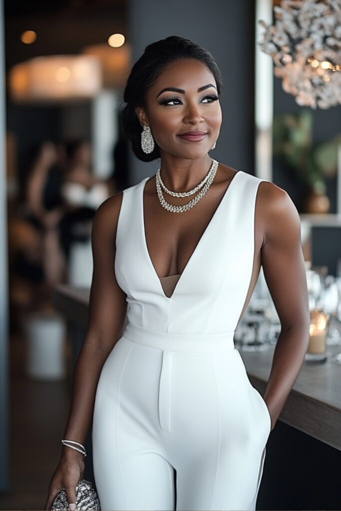 A stylish bride wearing a sleek white jumpsuit with a fitted bodice and wide-leg pants, accessorized with a statement necklace and clutch, standing confidently at a contemporary reception venue.