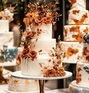 A modern wedding cake display showcasing various designs, from minimalist and hand-painted to floral and metallic styles, with happy guests admiring the artistry.
