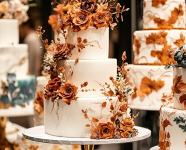 A modern wedding cake display showcasing various designs, from minimalist and hand-painted to floral and metallic styles, with happy guests admiring the artistry.