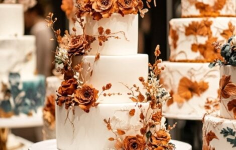 A modern wedding cake display showcasing various designs, from minimalist and hand-painted to floral and metallic styles, with happy guests admiring the artistry.