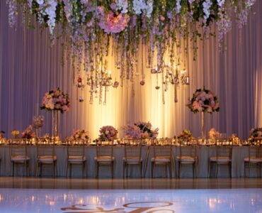 Elegant wedding reception scene with a custom monogrammed dance floor, floral backdrop, and ambient lighting, showcasing personalized and modern decor touches.