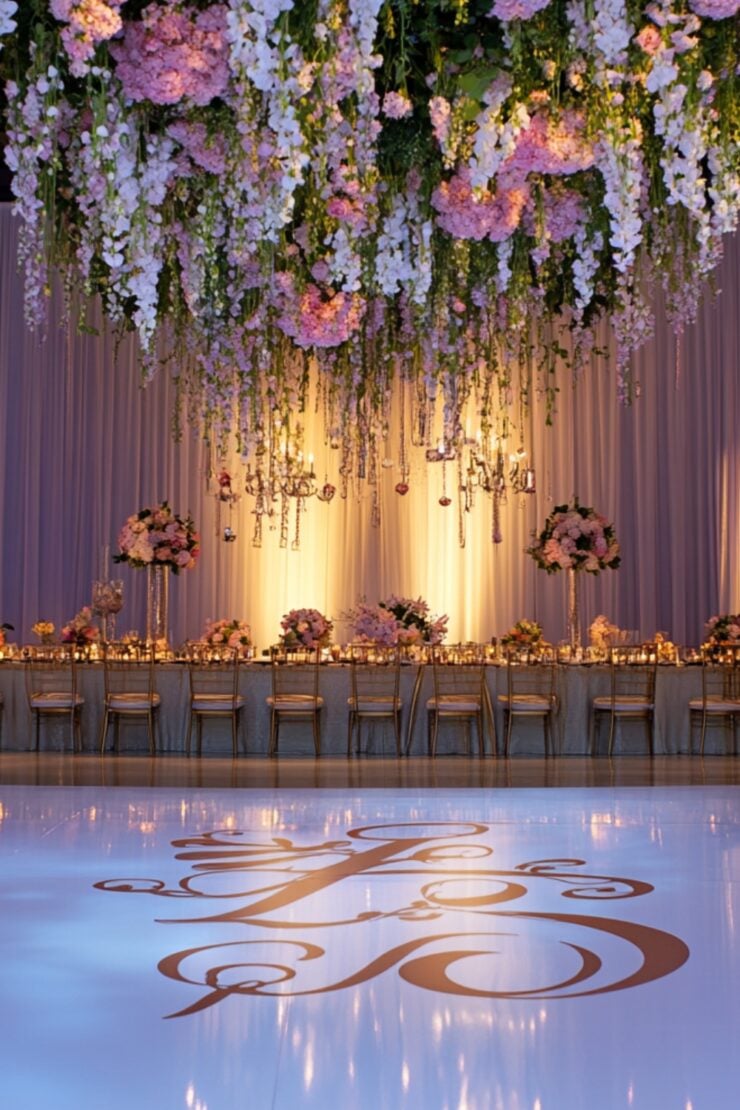 Elegant wedding reception scene with a custom monogrammed dance floor, floral backdrop, and ambient lighting, showcasing personalized and modern decor touches.