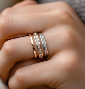 Couple holding hands, wearing matching modern wedding rings—one mixed-metal band and one gemstone eternity ring—capturing a meaningful moment.