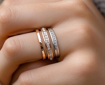 Couple holding hands, wearing matching modern wedding rings—one mixed-metal band and one gemstone eternity ring—capturing a meaningful moment.