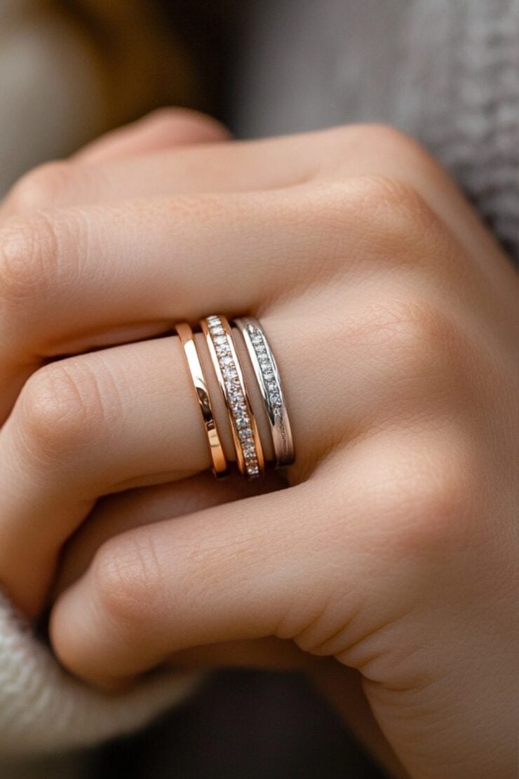 Couple holding hands, wearing matching modern wedding rings—one mixed-metal band and one gemstone eternity ring—capturing a meaningful moment.