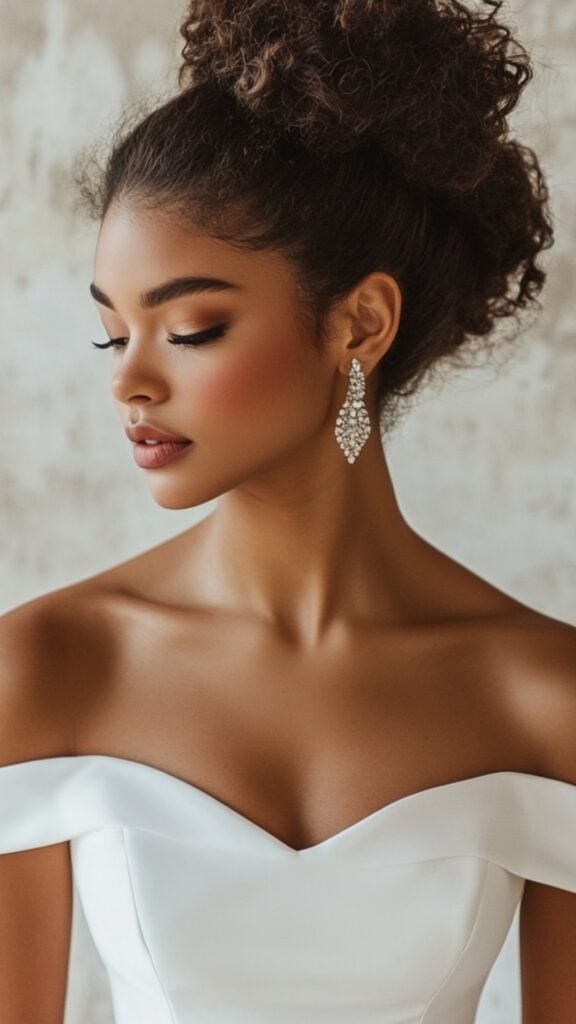 Bride wearing an off-the-shoulder midi wedding dress with a fitted bodice and flared skirt, styled with statement earrings and an elegant updo.