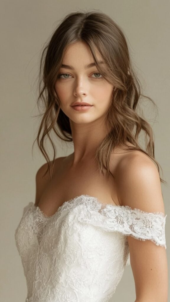An off-the-shoulder sheath wedding dress with delicate lace detailing and a romantic neckline, perfectly framing the bride’s collarbone and shoulders.