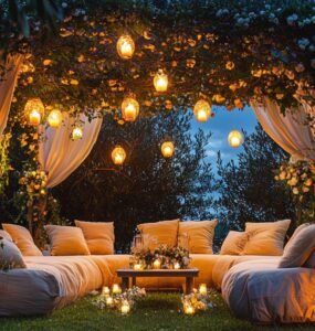 A magical outdoor wedding scene with glowing lanterns, a cozy seating area, and a floral arch, capturing the essence of a memorable celebration under the open sky.
