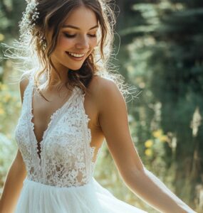 A bride wearing a lightweight, elegant wedding dress, looking joyful during an outdoor celebration surrounded by nature, representing the memorable magic of a perfect dress choice.