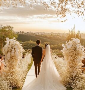 A couple walking down a decorated outdoor wedding aisle with a scenic backdrop, setting the stage for a dreamy open-air reception.