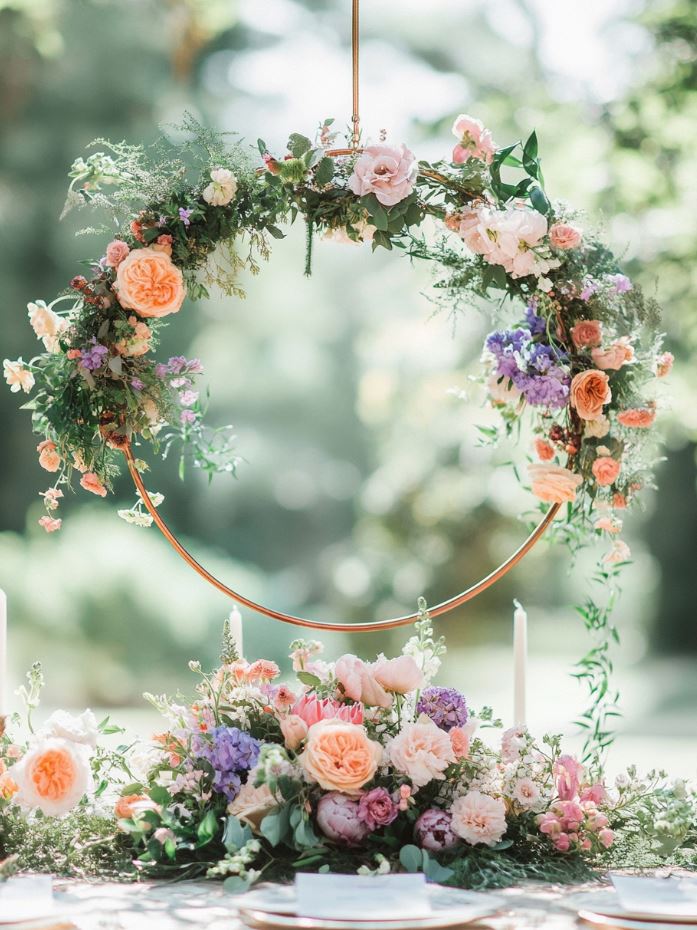 An oversized floral hoop adorned with fresh blooms and greenery, creating a modern yet boho-inspired wedding centerpiece with a circular frame of nature.