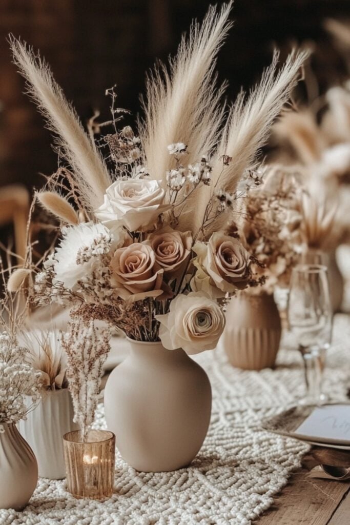 A boho wedding centerpiece featuring pampas grass, dried bunny tails, and preserved roses in neutral-toned ceramic vases on a rustic table with a macramé table runner.
