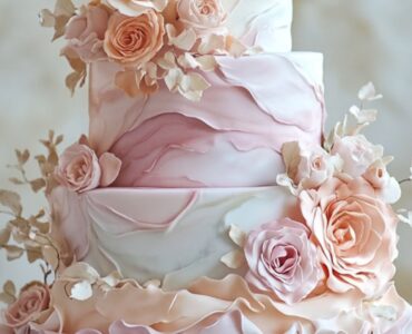 A pastel wedding cake as a stunning centerpiece, showcasing soft, romantic hues with customizable designs like ruffles, floral cascades, or marble finishes to suit any wedding style.