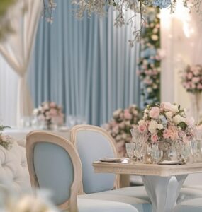 A serene wedding scene featuring pastel decor and floral accents, symbolizing the elegance and romance of a pastel-themed celebration that leaves lasting memories.