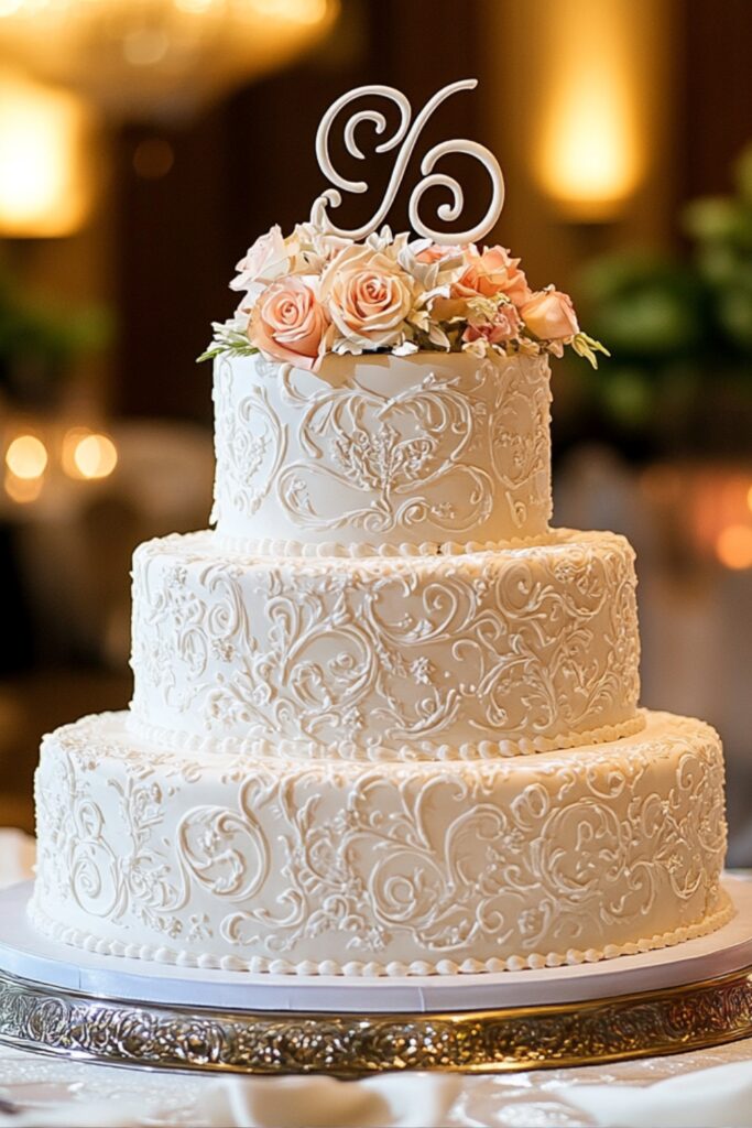A custom monogram cake topper sitting atop a wedding cake, adding a personal and sentimental touch to the display.