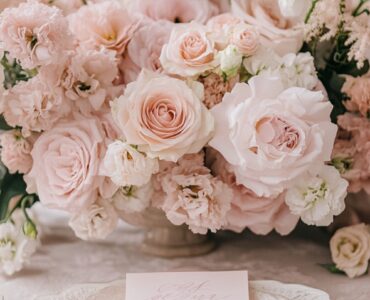 Wedding décor inspiration showcasing soft blush floral arrangements, pink invitations, and romantic accents that set the tone for a pink wedding theme.