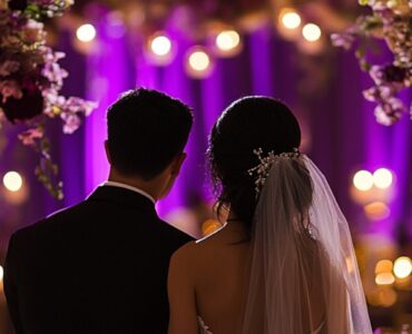 A breathtaking wedding setup with purple and burgundy accents, luxurious floral arrangements, candlelit decor, and an elegantly dressed couple celebrating their love.